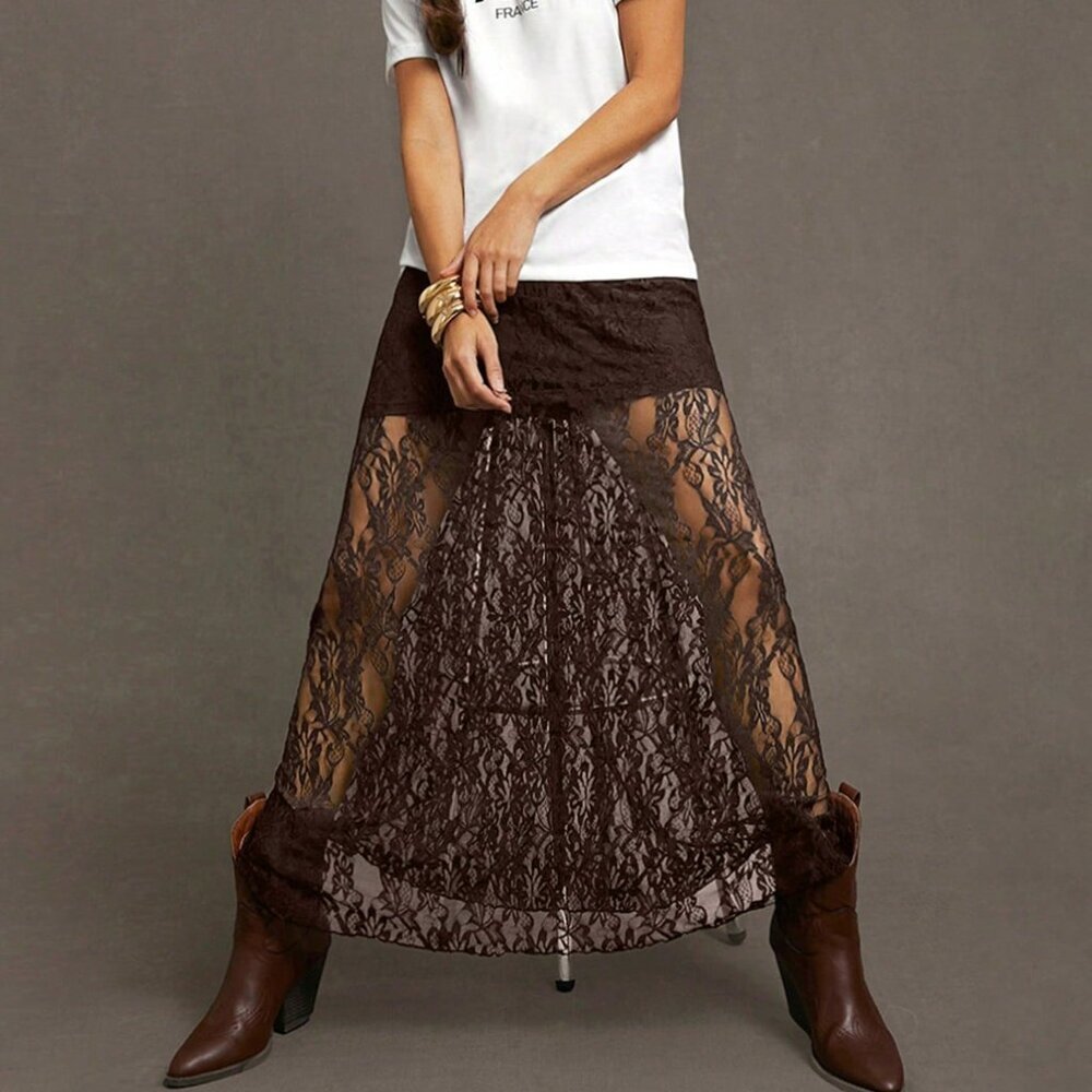 Coffee Brown Elegant Women's Sexy Long Wildflower Lace Skirt